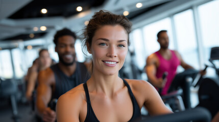 Fototapeta premium Group of people working out on elliptical trainers in a modern gym, wearing athletic gear, focused expressions, clean and bright interior with large windows and natural light energ