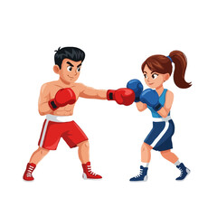 Male and Female Cartoon Boxers Training and Fighting – Vector Illustration