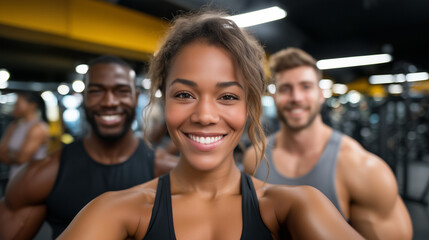 Fototapeta premium Group of sporty, diverse people in a modern gym, interacting, training, and smiling together, wearing activewear, surrounded by fitness equipment, bright and energetic atmosphere c