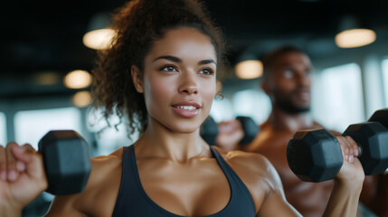 Group of fit individuals lifting dumbbells in sync during a high-energy exercise class at a modern gym, wearing athletic clothing, focused and motivated expressions, bright studio