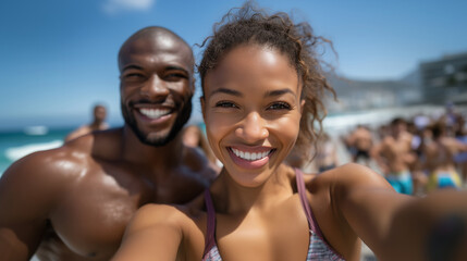 Obraz premium Portrait of a joyful, fit group of people exercising and working out on a sunny beach, smiling and full of energy, wearing athletic summerwear, ocean and blue sky in the background