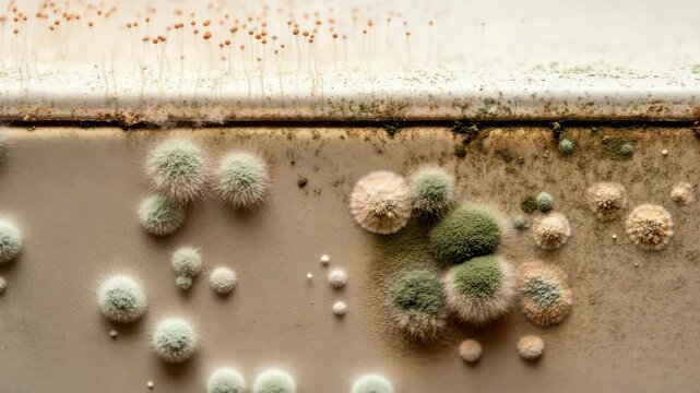 Close-up of various mold spores growing on surface