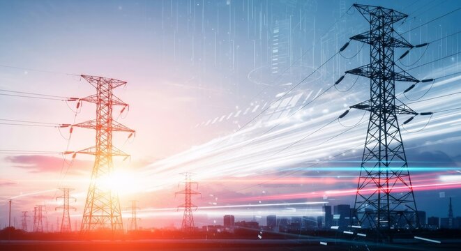 Power transmission tower with light streaks and digital overlays. Electricity pylons against a city skyline for urban electrical network coverage.