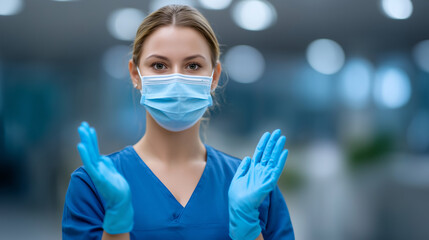 Female nurse wearing a mask putting on gloves, preparing to treat a coronavirus (COVID-19) patient in a hospital.