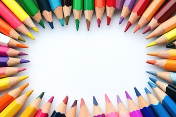 A vibrant and colorful frame made entirely from color pencils, isolated on a white background for a playful look