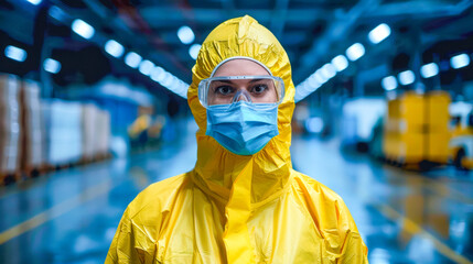 Obraz premium Female worker in protective suit and mask standing in industrial warehouse with bright lighting