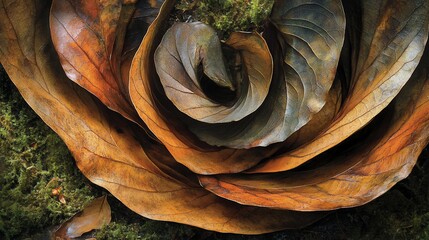 Dried leaves arranged in a spiral pattern on a mossy surface displaying texture
