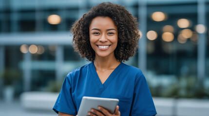 Portrait of joyful female surgeon with a tablet, ready to provide Telehealth consultations, diagnosis, and digital treatment with a touch of humor and a warm smile representing acc