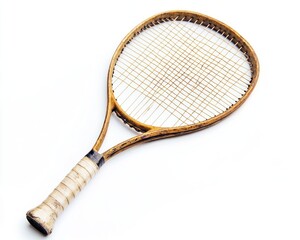 A vintage tennis racket, with worn strings and frame, isolated on a white background, capturing the nostalgia of classic sports equipment