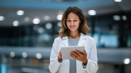 Hands of a woman doctor using tablet for reviewing test results, accessing medical information online for healthcare services, digital research, or integration with web-based diagn