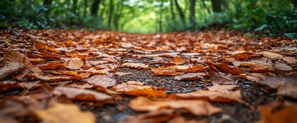 Autumnal Forest Path: A carpet of golden leaves leads through a vibrant woodland