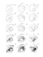 Page shows how to learn to draw sketch of imaginary eye from different angles. Pencil drawing lessons. Educational page for artists. Textbook for developing artistic skills. Hand drawn vector.
