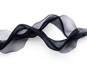 A waving black fabric ribbon isolated against a white background for a dynamic artistic movement