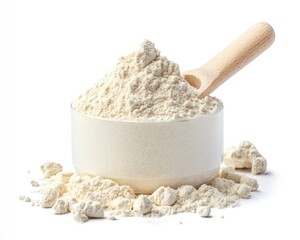 A white background with whey protein powder isolated, perfect for health and fitness product design