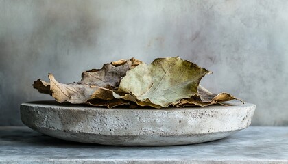 Minimalist composition with dried leaves in a concrete bowl and neutral background
