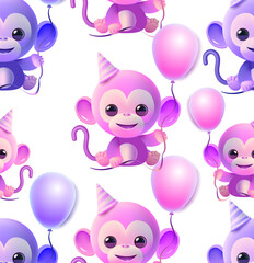 Pink monkey with a balloon
. seamless holiday pattern
