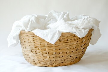 A woven laundry basket filled with soft, freshly laundered white linens, set against a bright white background