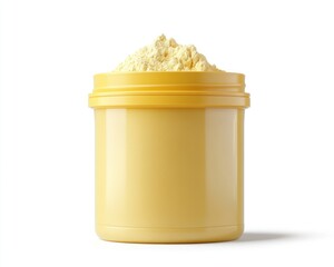 A yellow plastic jar containing whey protein powder, isolated on a white background, with soft shadows to emphasize its structure