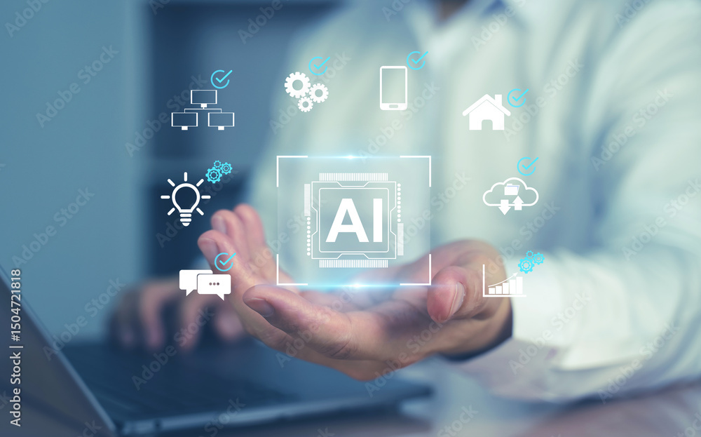 Aufkleber a person holding a glowing ai icon with digital interface graphics, representing artificial intellig