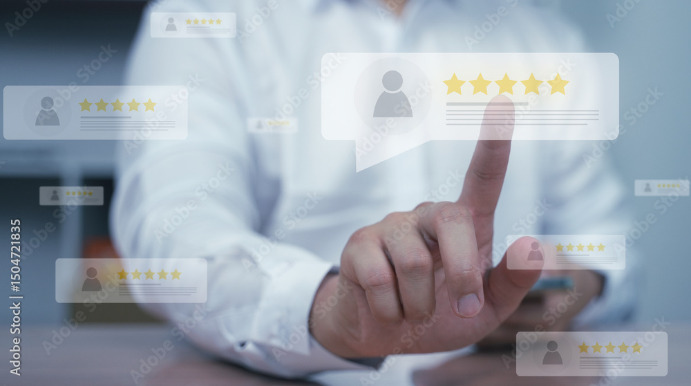 Poster a hand pointing to a 5-star customer review icon on a virtual screen. concept of user experience, sa