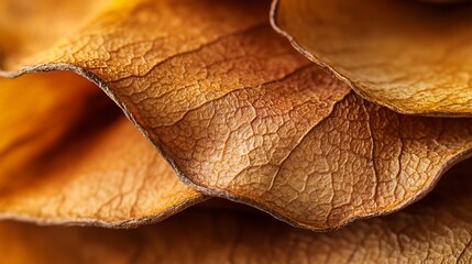 Detailed close-up showcasing the intricate textures of dried leaves in autumn hue