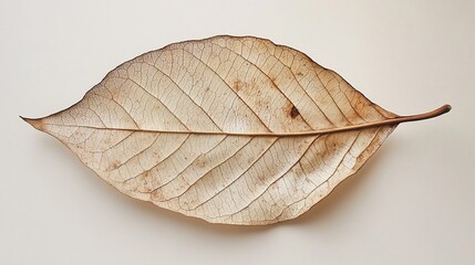 Detailed close up of a dried leaf, showing intricate vein patterns and textures