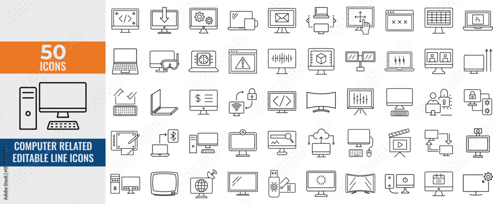 Wall mural set of editable computer and laptop line icons. pc, monitor & computing symbols