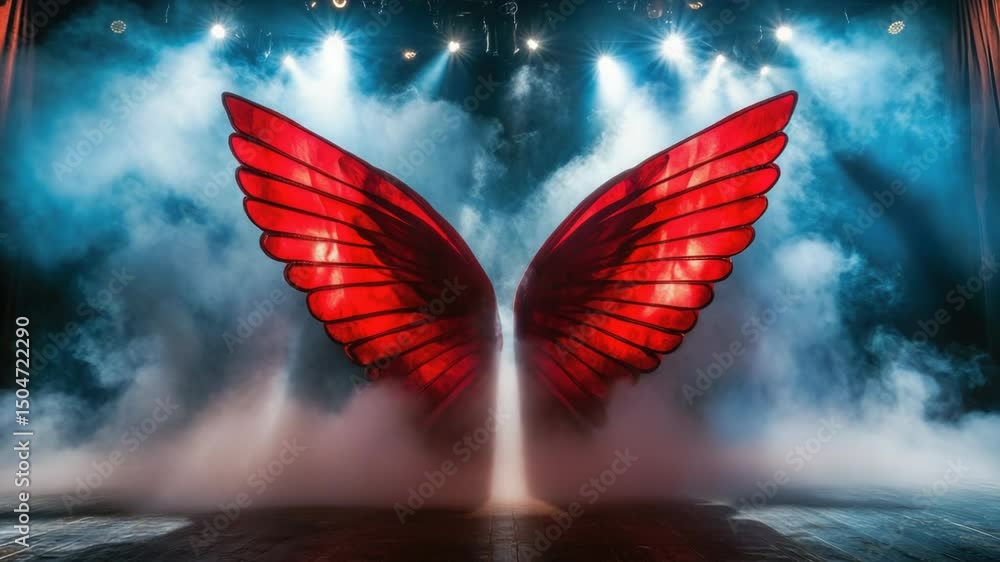 Poster a stage with a large red wing on it, suitable for concert or event backdrops