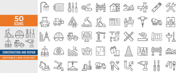 Construction and Repair Outline Icon Set. Tools, Equipment, Plumbing, Design, Machinery and Site Elements. Editable Stroke Vector Illustrations