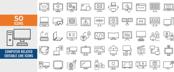 Set of Editable Computer and Laptop Line Icons. PC, Monitor & Computing Symbols