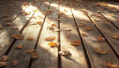 Autumnal Serenity: Fallen Leaves Adorning Rustic Wooden Planks in Sunlight