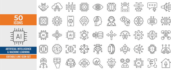 Artificial Intelligence & Machine Learning Line Icons Set. AI, Bots, Machine Learning, and Smart Technology Line Icons