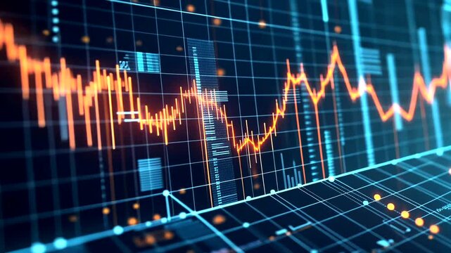 Financial graph on a dark background, depicting fluctuating data with orange lines overlaid on a blue grid