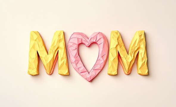 Warm, colorful words "MOM" with a heart