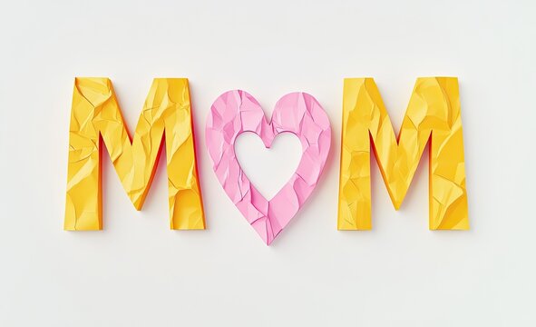 Crinkled letters spelling "MOM" with a pink heart