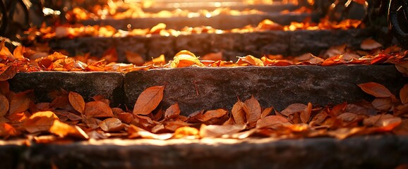 Golden autumn leaves cascade down stone steps in the warm sunlight