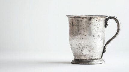 An old, weathered silver cup, photographed against a stark white background, evoking a sense of nostalgia and timeless elegance