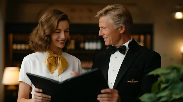 Elegant guest consulting concierge for dining options and wine list