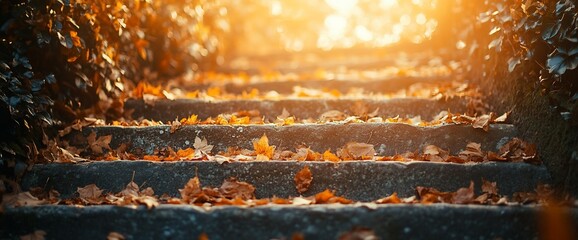 Golden steps: Autumn sunlight dapples a stone staircase covered with fallen leaves