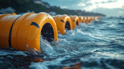 Close up of bright yellow buoys floating in ocean waves captured in soft natural light