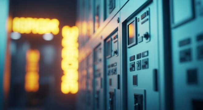 Control panel in an electrical room. Energy distribution and urban electricity network infrastructure. Industrial technology and data processing. - Powered by Adobe