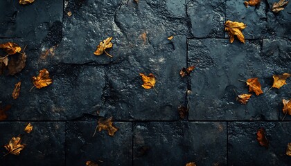 Autumnal Serenity: Fallen Leaves on Textured Stone Surface Capturing Seasonal Beauty