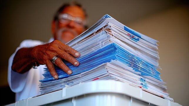 Mail in Voting Process Showing Individual Sorting and Organizing Ballots for Election