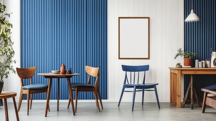A cozy dining area with blue accent walls.