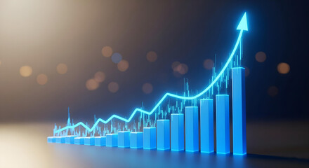 Glowing blue investment finance chart dynamic visualization depicting stock market business exchange financial growth curving line and bars