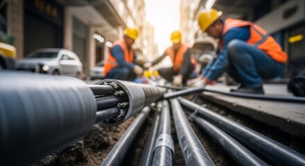 Three men installing underground electric power cable in an urban street. Industrial workers connecting new power line network.