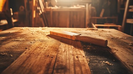Close up of woodworking tools on a well used workbench in soft natural light
