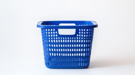 Blue plastic laundry basket on a white background, isolated with a white background for focus