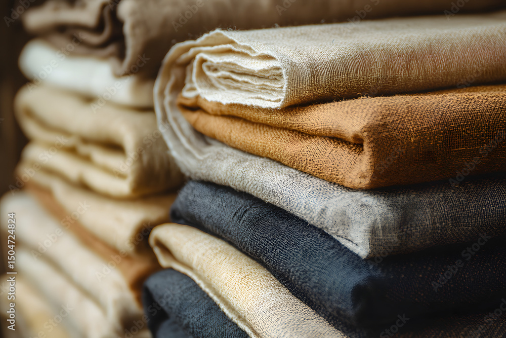Poster close-up of neatly folded linen fabrics in neutral tones, showcasing texture and color variations.