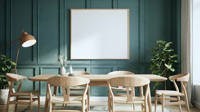Blank Square Frame Mockup Over Wooden Dining Table Set Against Green Wall with Potted Plant in Bright Interior Dining Room with Clean Light Filled Cozy Interior Theme